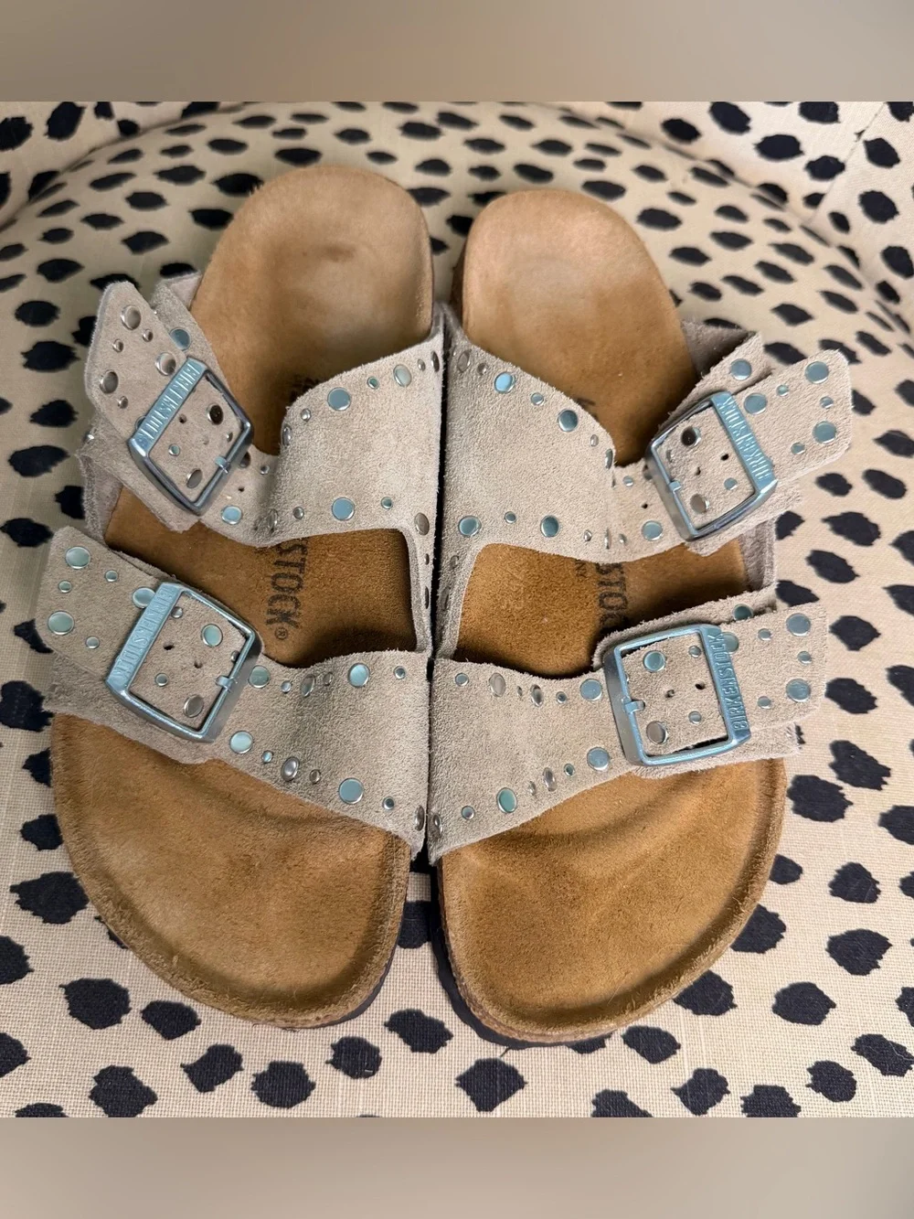 Birkenstock Arizona Rivets Suede Double-Buckle Sandals in Light Taupe with Studs